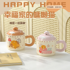 猫かわいい漫画セラミックカップ蓋付きマグコーヒーカップオフィスウォーターカップ朝食カップギフトボックス付き