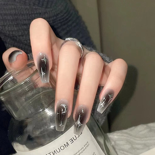 Dark and edgy girl Instagram style, YY2K gradient silver moon and star manicure nail art, false nails, medium-long ballet nails
