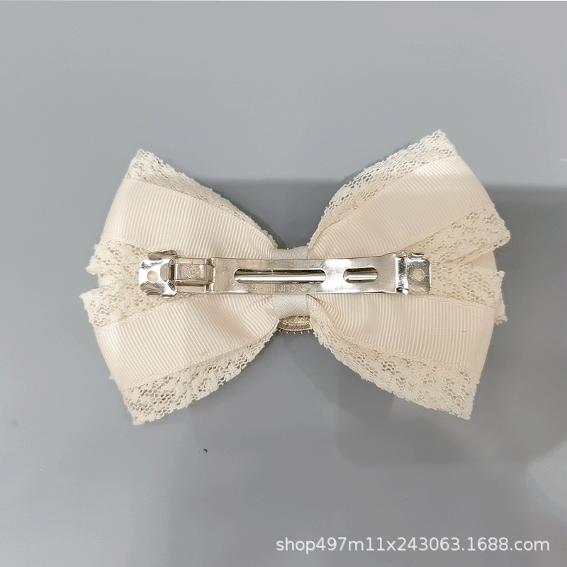 New Lace Double Bow Pearl One-Line Clip Hairpin Simple Fashion Net Red Ladies Hair Accessories Manufacturers Direct Supply Item Picture