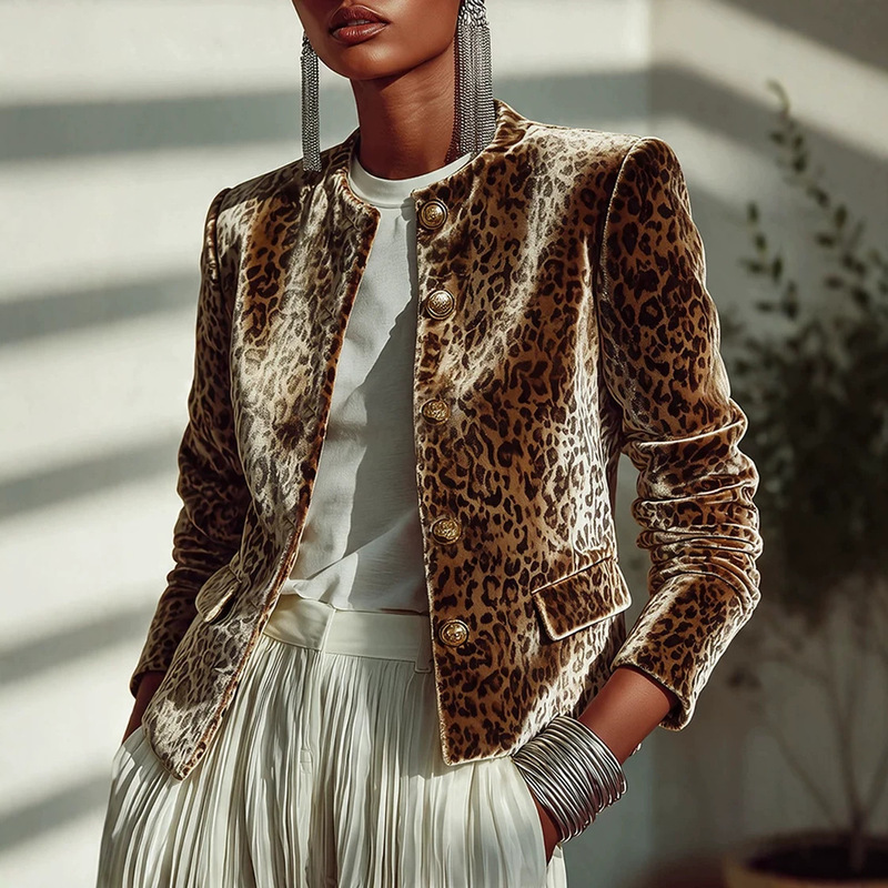 Amazon cross-border autumn/winter new collection: European and American style leopard print velvet suit, round-neck short jacket for women, wholesale for export