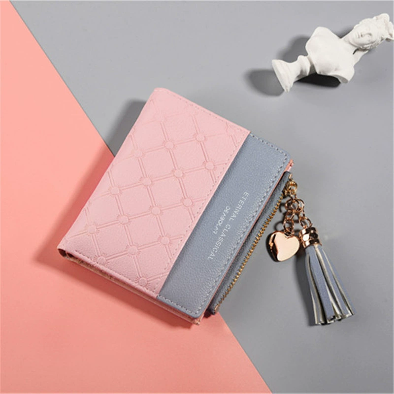 Short leather folding wallet, Korean style, contrasting stitching, zipper coin pocket, multi‑card