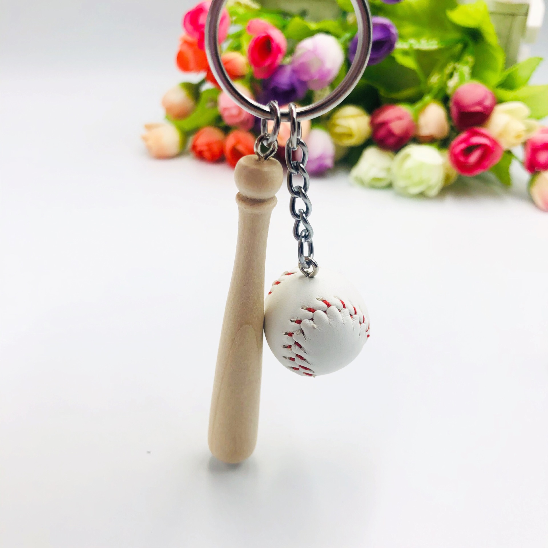 Mini simulación tamaño pequeño béisbol con gran palo de madera 2-pieza llavero colgante adornos deportivos recuerdo