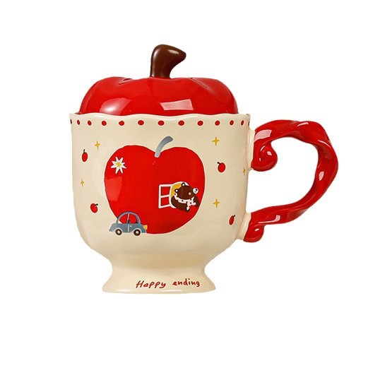 Hermosas tazas de manzana con tapa tazas de cerámica regalo de mano taza de agua de oficina taza de café de alto valor de Navidad