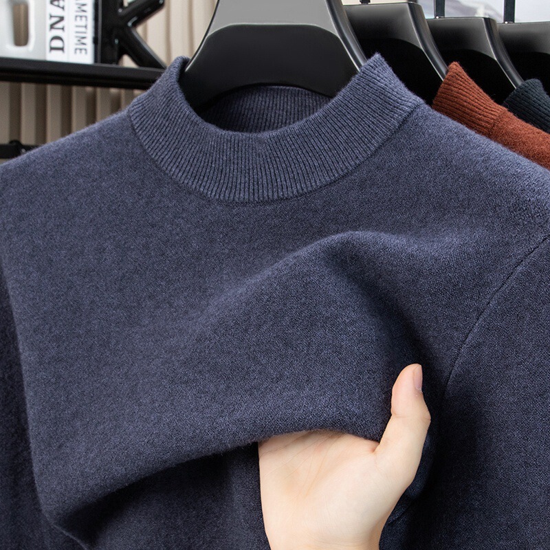 Autumn and Winter Thickened Wool-Blend Half-Turtleneck Sweater for Men, Loose Mid-Neck Pullover, Warm Inner Knitwear