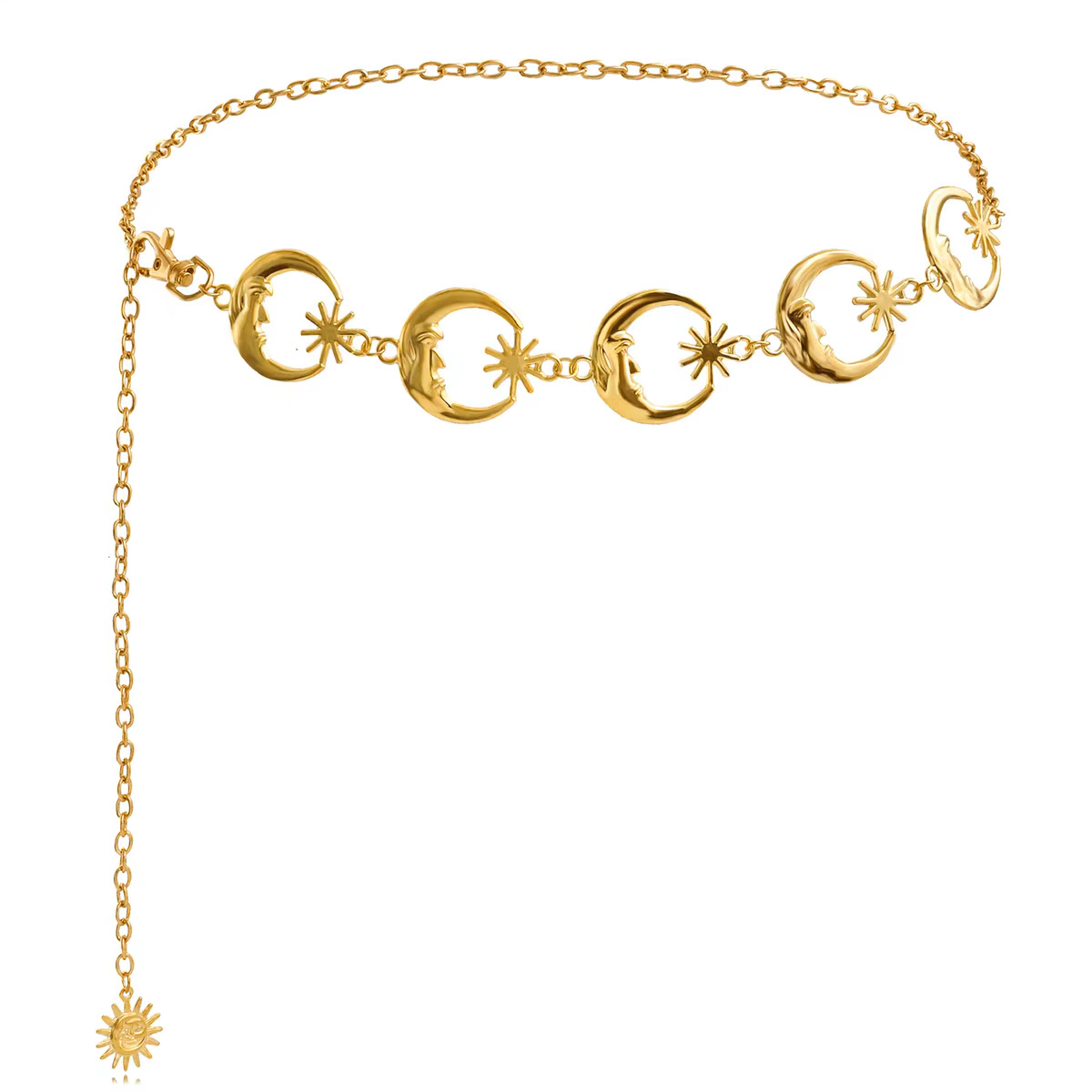 Cadena de cintura punk europea y americana, cinturón de cadena de luna dorada para mujer gótica, cintura plateada, cadena de metal ajustable