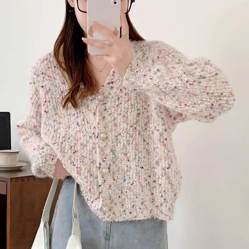 秋冬新款小香风气质短款针织开衫女韩版甜美彩点V领毛衣外套上衣|undefined
