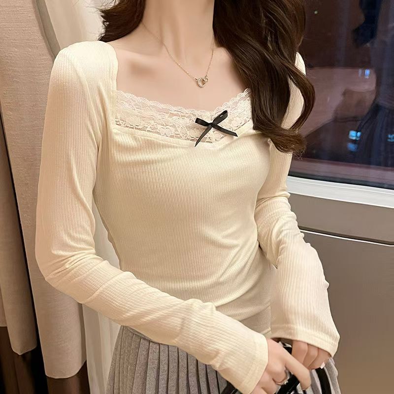 Ballet Style Fleece-Lined Pure Lust Lace Long-Sleeved T-Shirt for Women in Autumn and Winter Slim Gray Low-Neck Exposed Sweet Sexy Top Ballet Style Fleece-Lined Pure Lust Lace Long-Sleeved T-Shirt for Women in Autumn and Winter Slim Gray Low-Neck Exposed Sweet Sexy Top