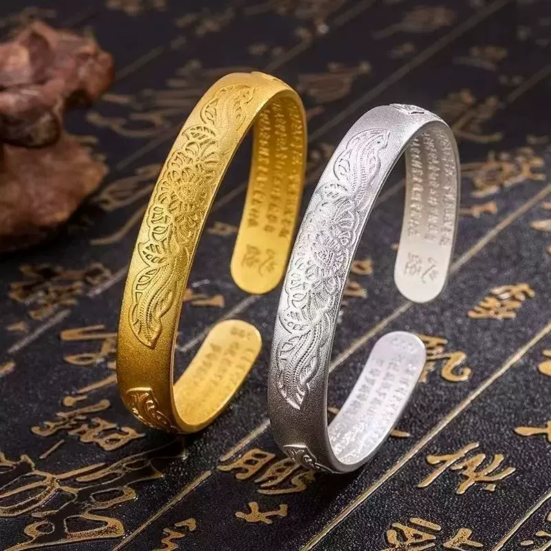 Модный европейский и американский трансграничный браслет с сердцем лотоса, сутра, мантра великого сострадания, ретро-выпуклый потертый браслет, женский открытый браслет с лотосом