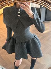 法式气质方领收腰长袖连衣裙+短外套女秋季新款小个子两件套