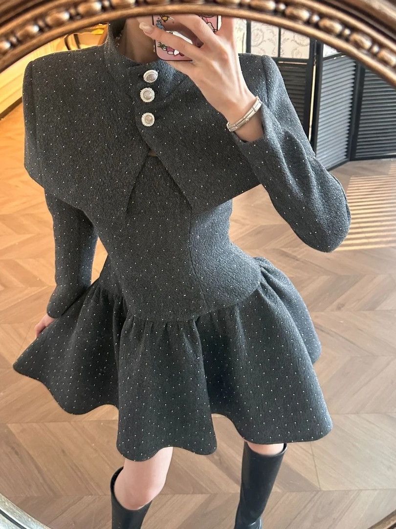 法式气质方领收腰长袖连衣裙+短外套女秋季新款小个子两件套