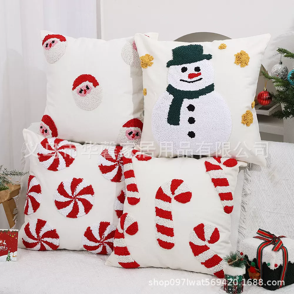 跨境抱枕套圣诞节雪花老人印花抱枕套轻奢简约沙发帆布靠垫抱枕套