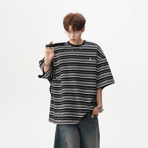 American Heavyweight Navy Blue Sweatshirt Short-Sleeve Men's Summer New Trend Loose Casual Color Block Silhouette Five-Sleeve Versatile Top