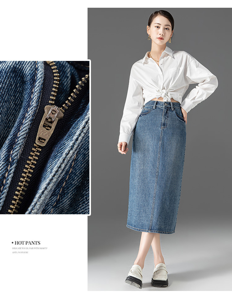 Chân váy denim lưng cao nữ dáng A xẻ tà — Màu xanh lam nhạt chi tiết 9