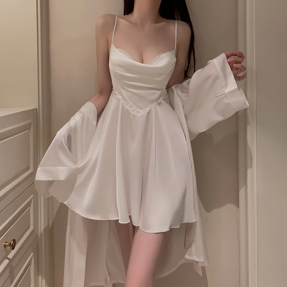 Spring and Autumn Summer Sexy Pajamas Women's Ice Silk Sling Chest Pad Skirt Nightdress Two-piece Set Pure Sweet Silk