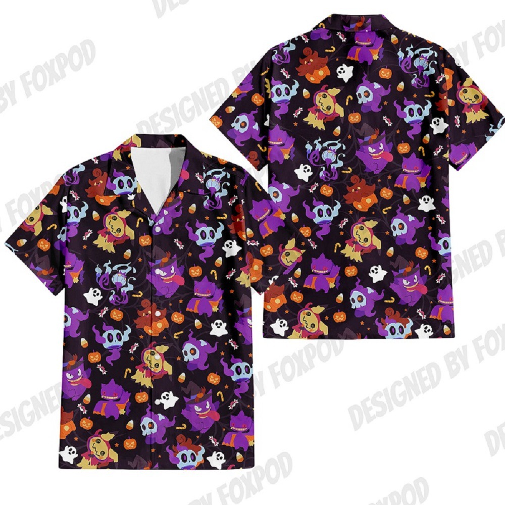 Colorido Pokémon Elf 3D Print Camisa de botones de solapa de manga corta casual suelta de verano para hombre