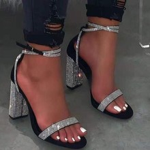 跨境大码43高跟水钻凉鞋女夏季欧美脚环扣带露趾粗跟凉鞋 sandals