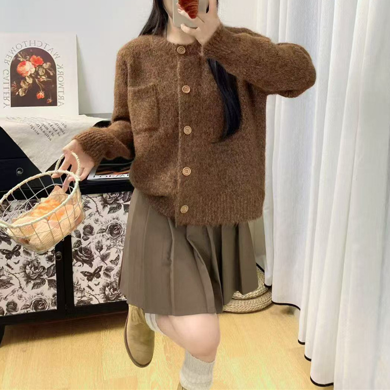 温柔风高级感复古纯色毛衣开衫女秋冬外穿软糯宽松慵懒风针织外套|undefined