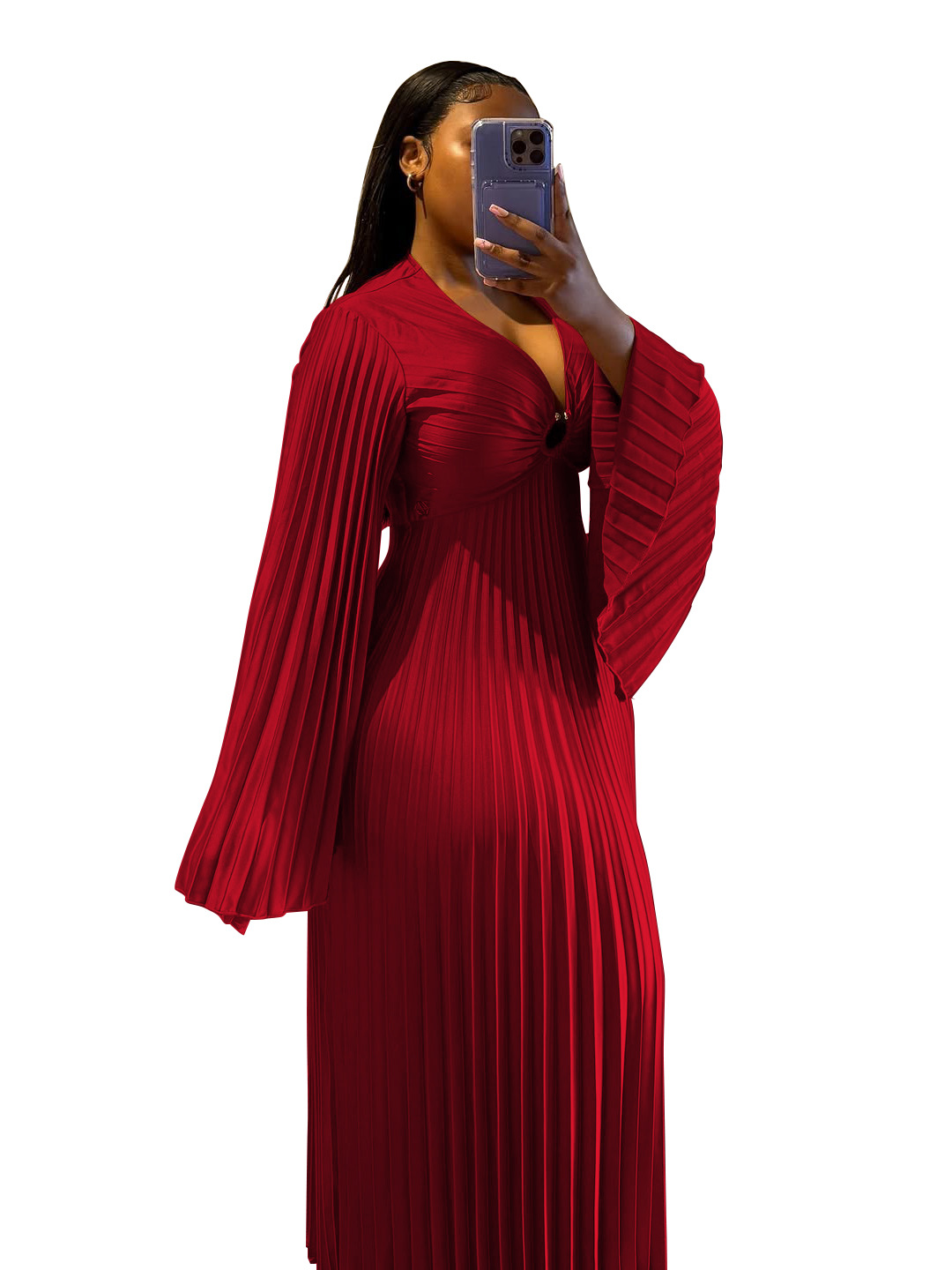 Women's Clothing Elegant Slim Fit Women's Dress V Neck Pleated Long Sleeve Solid Color Casual Spring/Autumn Dress_ecoleips.com