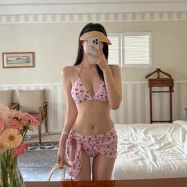 辣妹泳衣女性感比基尼三点式系绳樱桃印花可爱小胸bikin温泉+纱巾