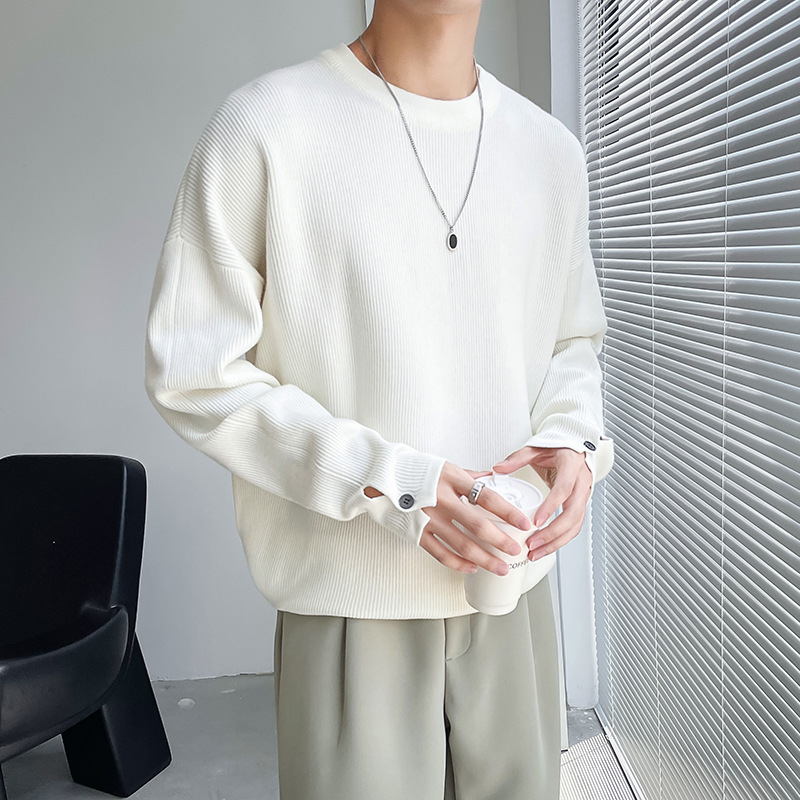 2025秋季新款男士男装慵懒风毛衣内搭圆领手袖开叉纽扣针织打底衫
