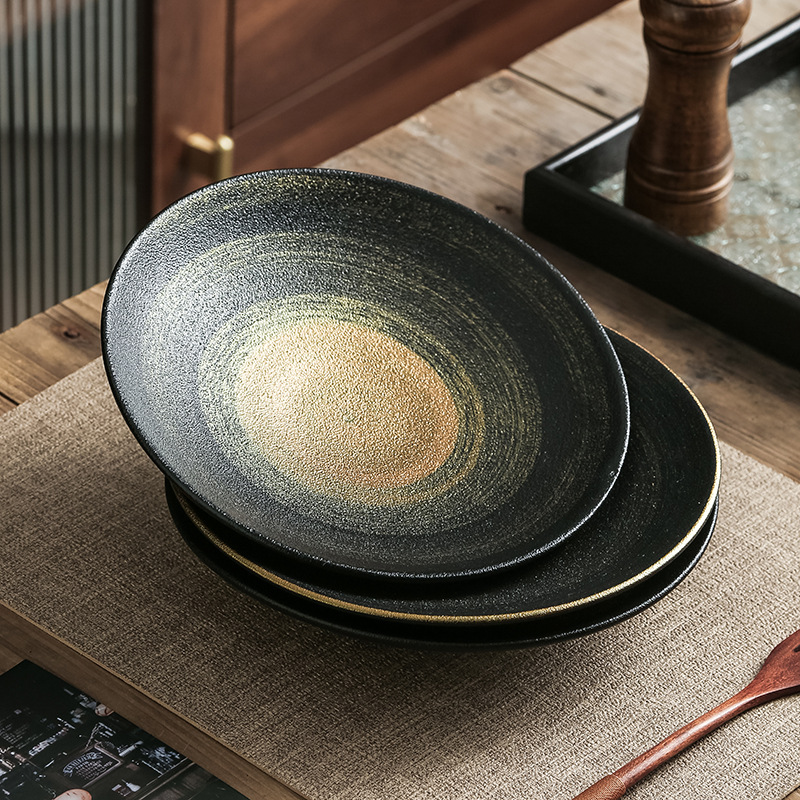 Cuencos de cerámica pintados a mano de arena negra, platos de cerámica, platos de ensalada, platos de pescado hervido, platos