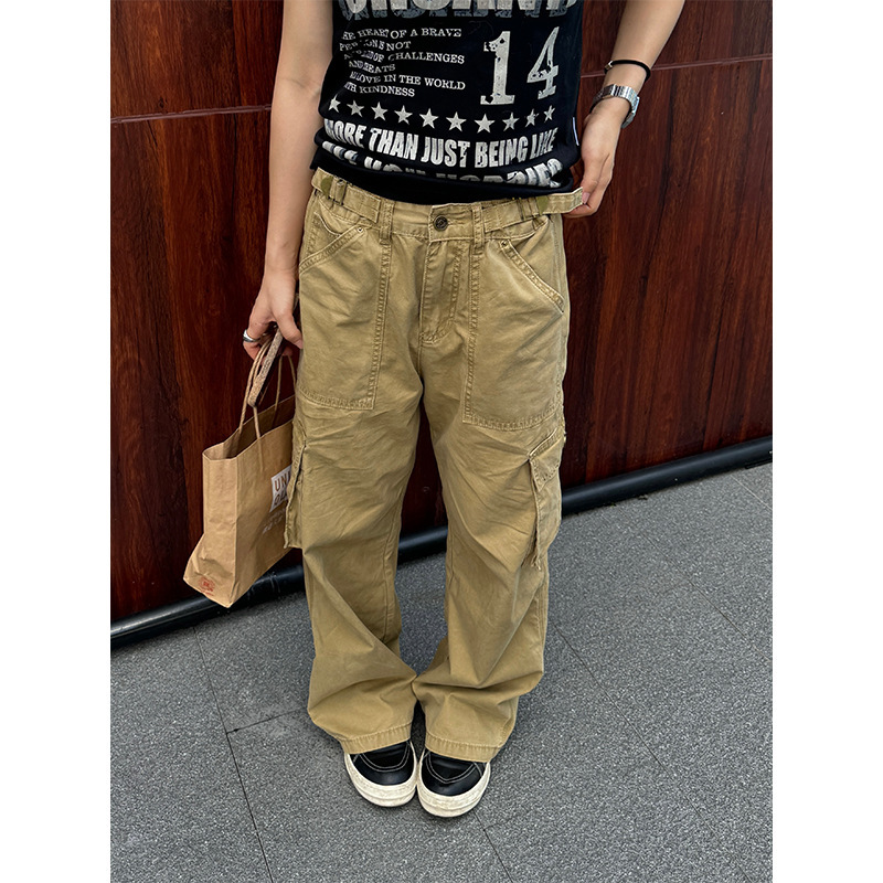 川川也美式复古水洗直筒多口袋宽松工装裤男女街头做旧休闲长裤潮|undefined