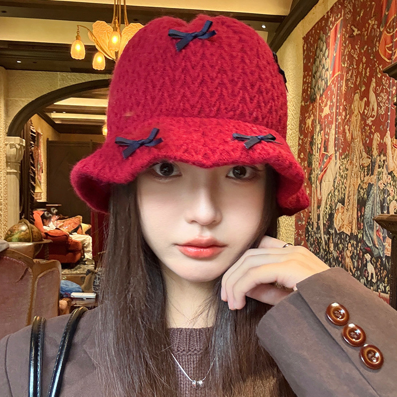 甜美可爱蝴蝶结针织渔夫帽秋冬休闲百搭加厚保暖帽防风显脸小盆帽|undefined