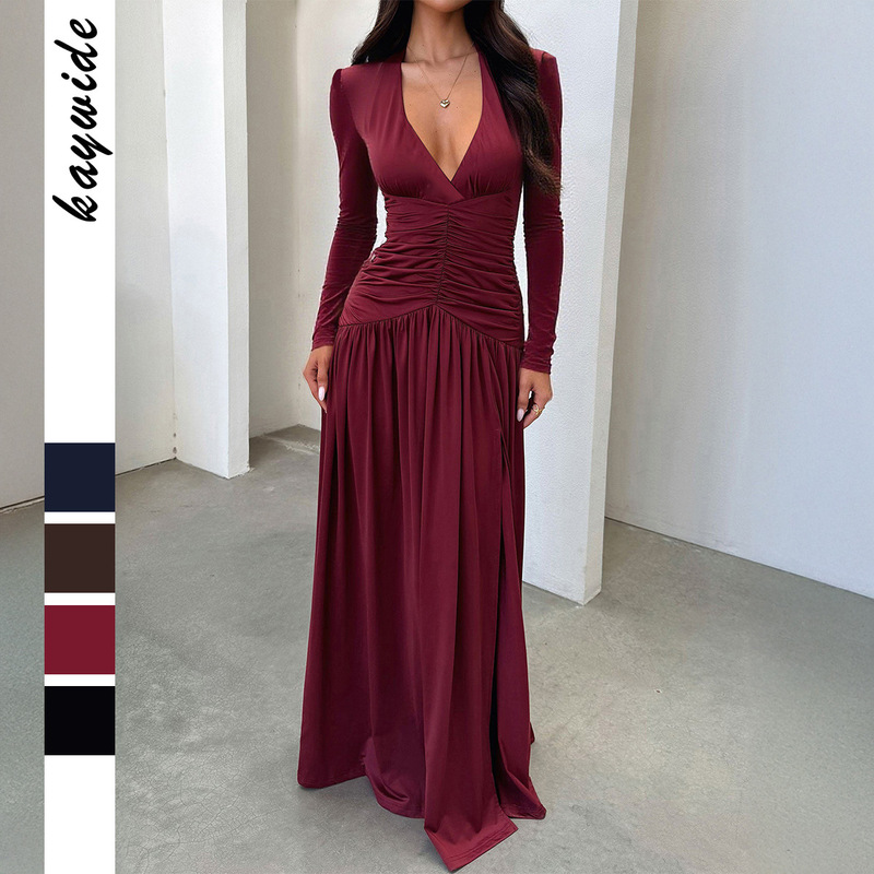 Diyun Cross-Border European and American Elegant Deep V Long-Sleeved Long Skirt Dress Women's 2025 Autumn and Winter Amazon Independent Station