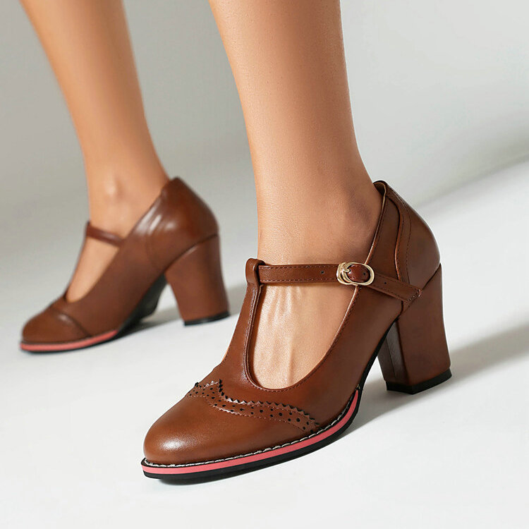 Spring and Autumn British Style Women's Shoes Round Toe Thick Heel High Heels Retro T-Shaped Buckle Brogue Burnt Flower Women's High Heels Shoes