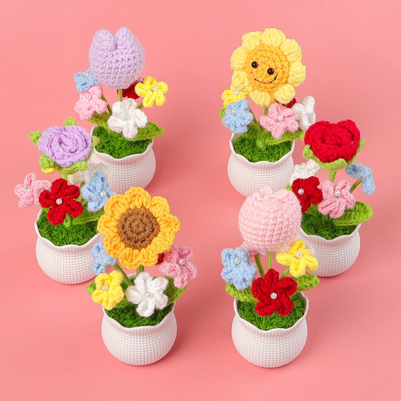 完成したウールの花、模擬花、ひまわり、小さな鉢植え、車載用家庭用緑の植物、チューリップの装飾品、デスクトップ装飾|undefined