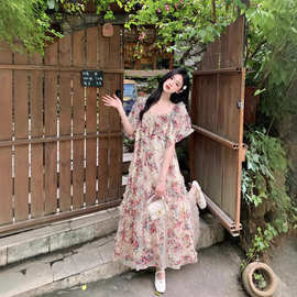 130-300斤大码女装胖妹妹碎花连衣裙短袖薄款显瘦浪漫法式收腰裙