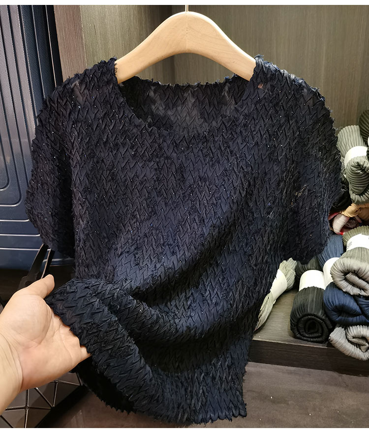 Áo thun cổ tròn dáng rộng tay ngắn xếp ly bèo nhún mùa hè — Màu đen, Màu xanh navy, Màu đỏ hoa hồng, Màu trắng chi tiết 12