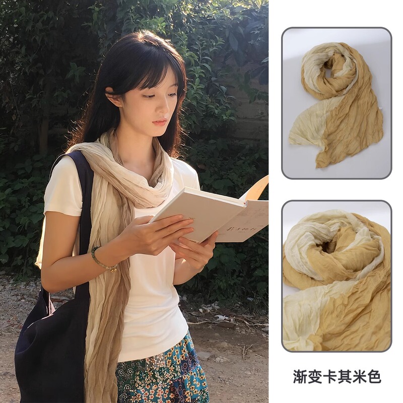 女性用レトロコットンとリネンスカーフ、春と夏、薄い、芸術的なブラウン、ヴィンテージ、プリーツ、日焼け止め、ストリップシルクスカーフ、ネック周りの雰囲気|undefined