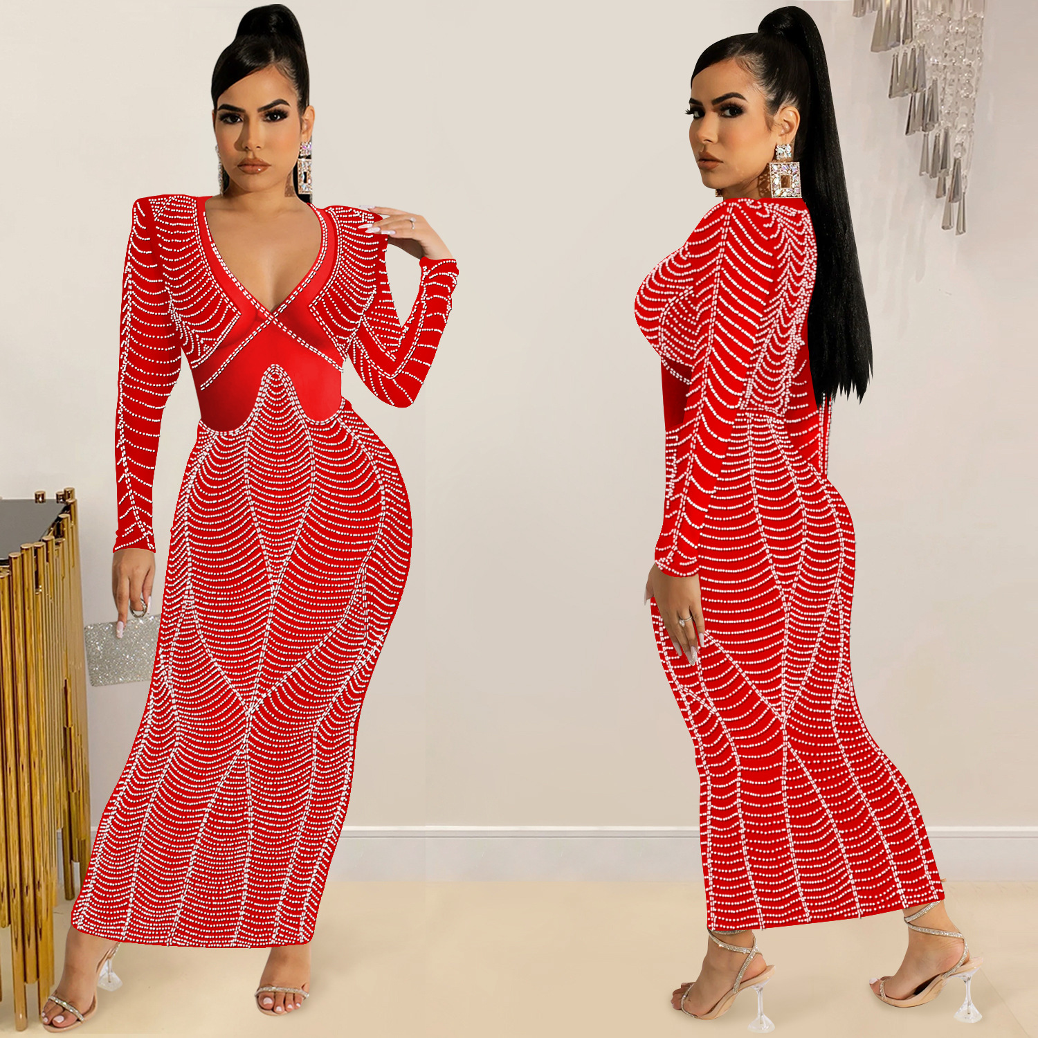 C5912 AliExpress Amazon Europa y América sexy discoteca rhinestone malla perspectiva V-cuello Vestido de manga larga vestido mujeres