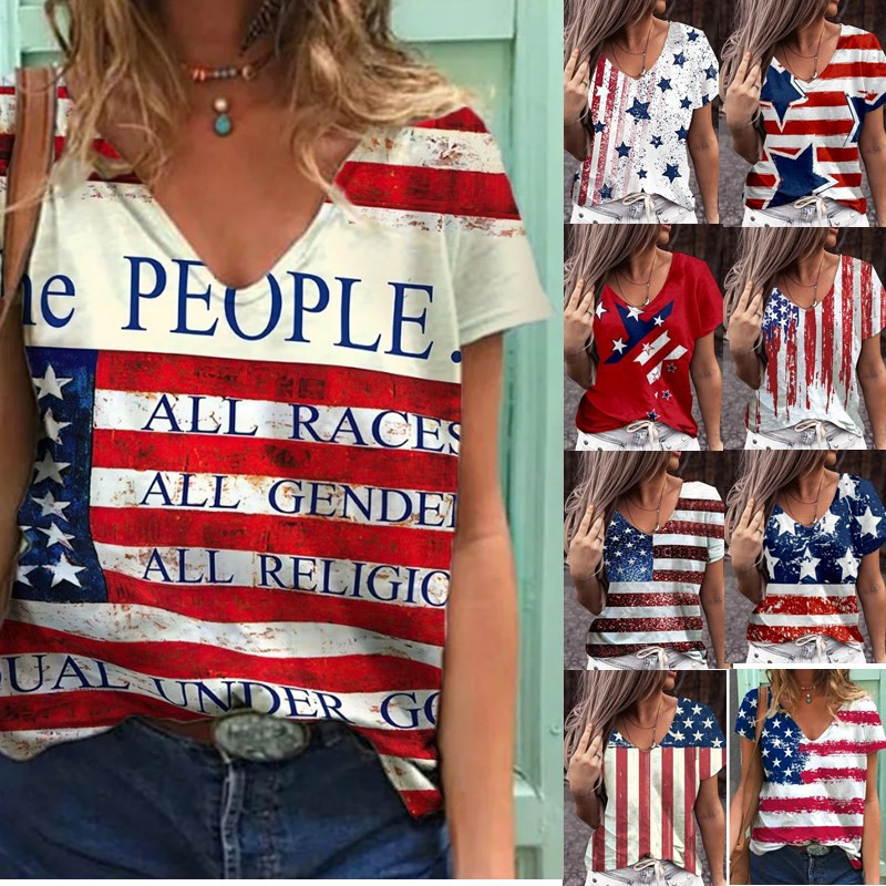 2023跨境亚马逊wish亚马逊流行女装美国独立日印花短袖V领仿棉T恤