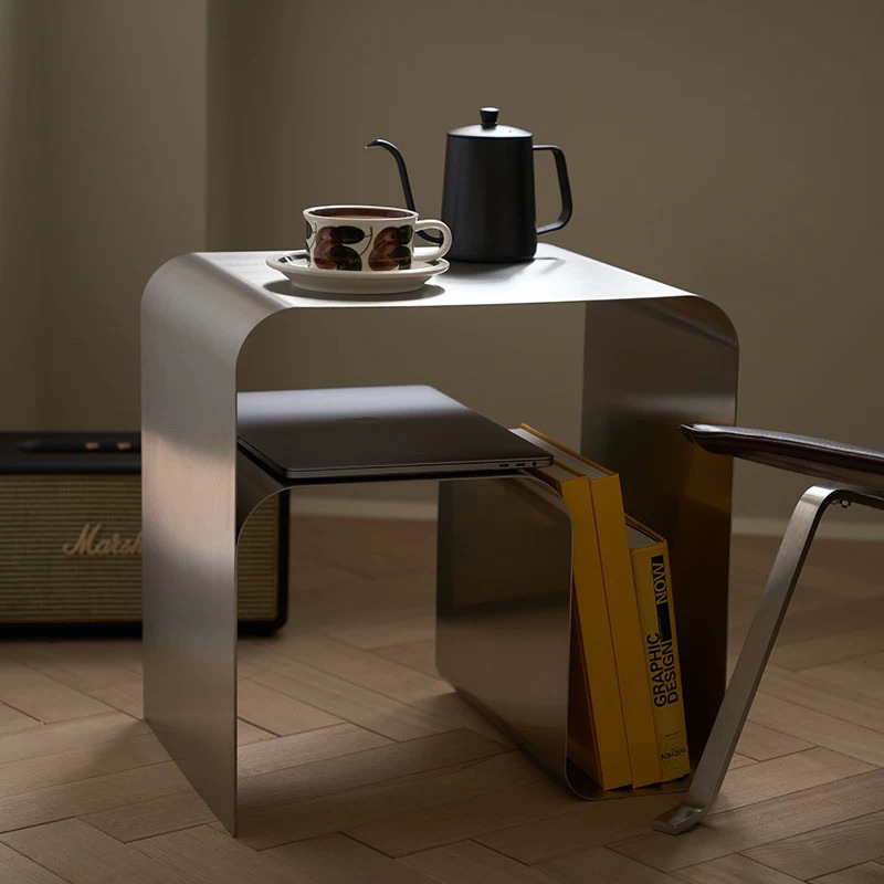 Vintage Minimalist Stainless Steel Bedside Table and Storage Cabinet Integrated Coffee Table in the Style of Bauhaus