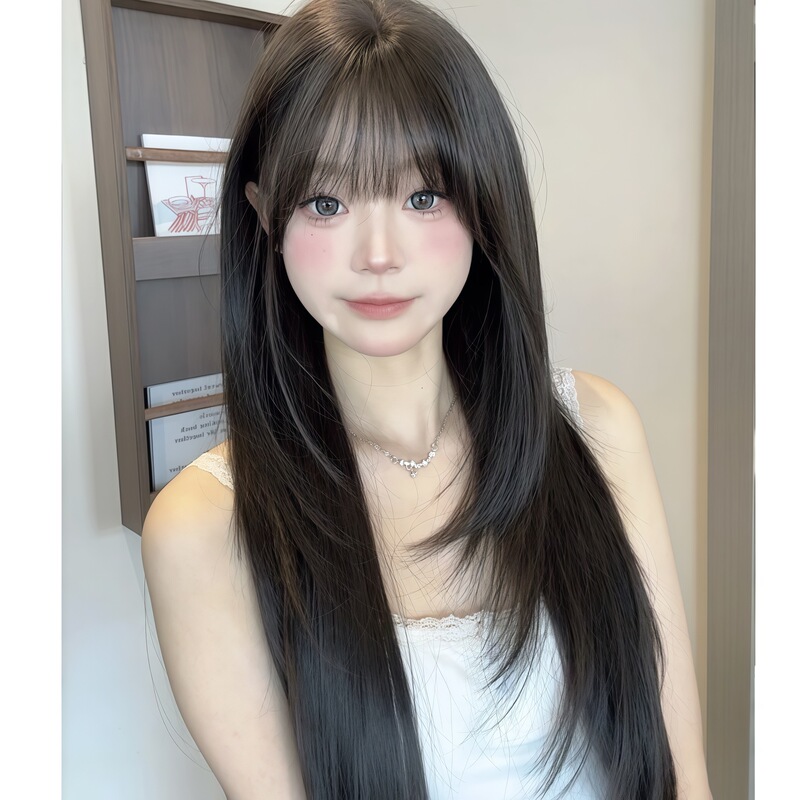 Wig Full Head Cover Women's Black Long Straight Long Hair Simulation Hair Air Bangs Fluffy Natural Daily Full Top Wig Hair Cover Wig Full Head Cover Women's Black Long Straight Long Hair Simulation Hair Air Bangs Fluffy Natural Daily Full Top Wig Hair Cover