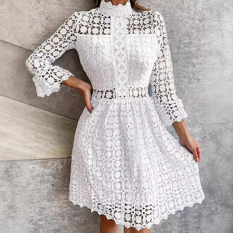 Women's White dress Mini dress Lace Eyelet Ruffle Hem Wedding Guest Cocktail