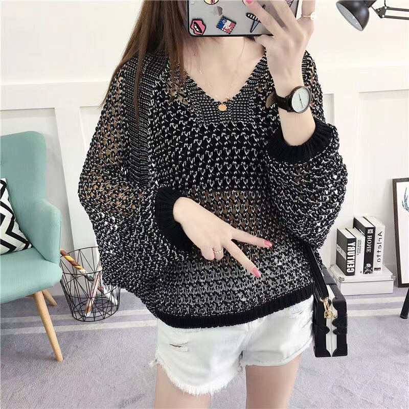 European and American Cross-Border V Neck Long-Sleeved Tops 2024 Cut Out Chic Blouse Thin Bright Silk Fishnet Knitted Bat Shirt
