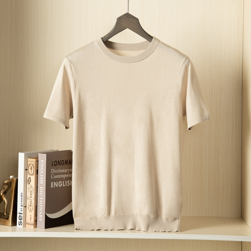 Mulberry Silk Cashmere Knitted Short-Sleeved Men's Summer Loose Large Size Korean Style Versatile Business Casual Thin Round Neck T-Shirt