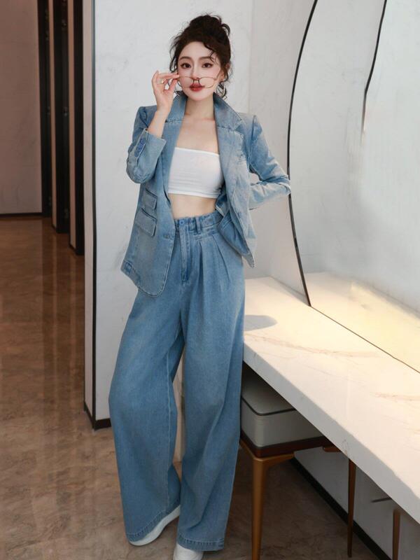 Trendy washed denim-style casual suit set, including a spring/autumn blazer and high-waisted wide-leg pants Trendy washed denim-style casual suit set, including a spring/autumn blazer and high-waisted wide-leg pants