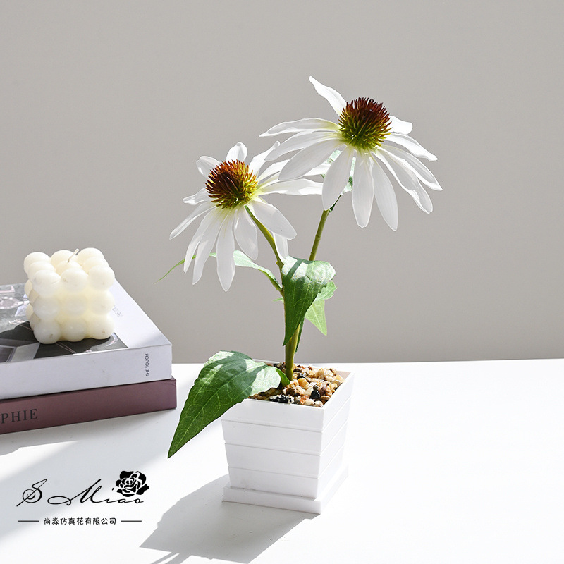 Nuevo estilo transfronterizo de dos cabezas de equinácea pequeño bonsái decoración de estudio fotográfico de hogar creativo decoración de planta verde artificial simulación en maceta image 12