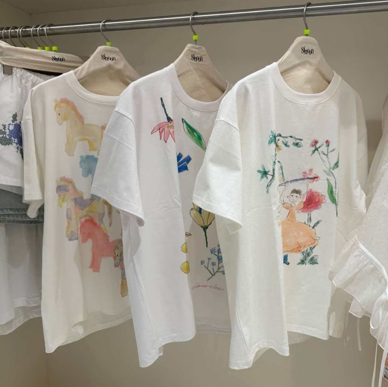 Mona·Xh Korean-Style Colorful Pony/Flower Girl Print Short-Sleeve Dongdaemun Summer New Round-Neck T-Shirt for Women