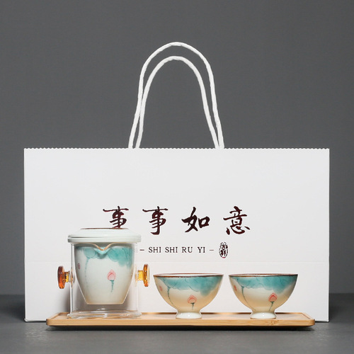 Simple Hand-painted Teacup and Teapot Set with Small Gift Box, Chinese Style Ceramic Teapot and Two Teacups