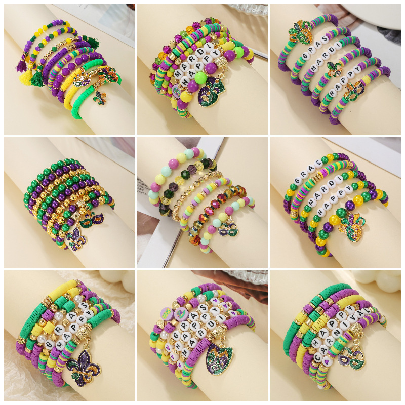 Cross-Border Carnival Festival Colorful Soft Clay Bracelet Letter Lucky Clover Pendant Elastic Beaded Mask Versatile Accessories for Women Cross-Border Carnival Festival Colorful Soft Clay Bracelet Letter Lucky Clover Pendant Elastic Beaded Mask Versatile Accessories for Women