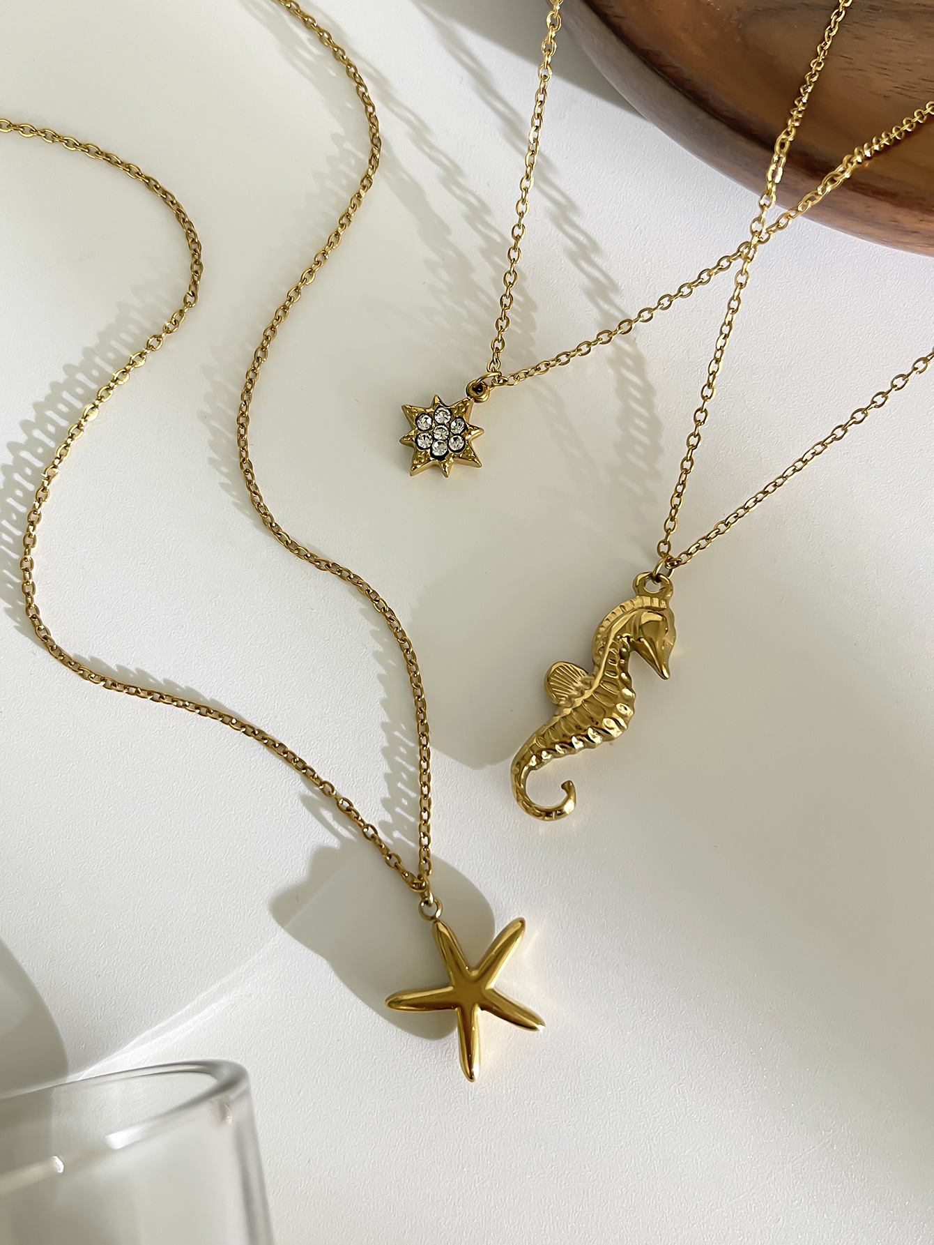 cable chain Chain Type 18K Gold Plated 316L Stainless Steel Rhinestones Starfish Hippocampus Waterproof Non Tarnish Surgical Steel IG Style Cable Chain Pendant Necklace For Women's
