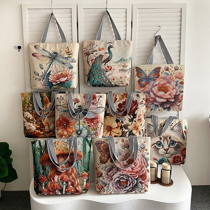 Cross-Border New Single-Sided Embroidered Ethnic Style Canvas Bag Sofa Cloth Shoulder Bag Women's Fashion Gold Embroidered Bag