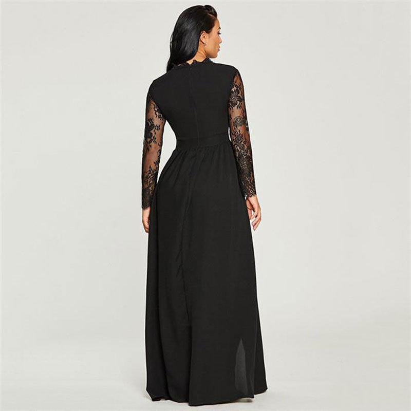 Comercio exterior europeo y americano Amazon AliExpress deseo de las mujeres nuevo encaje con cuello en V manga larga vestido de noche vestido negro