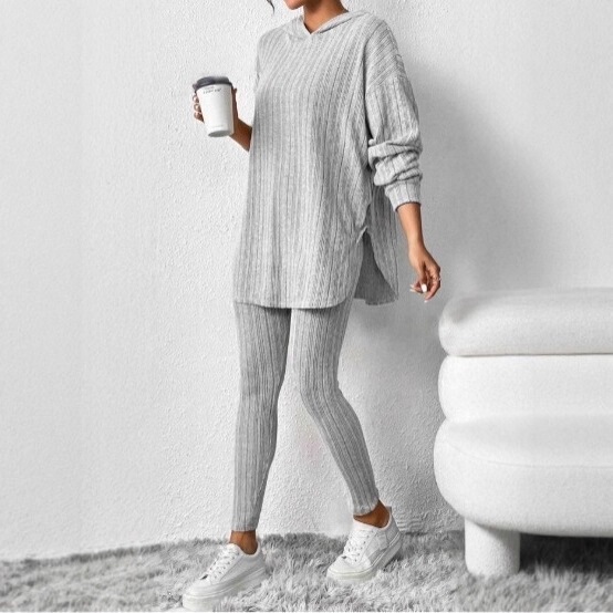 2025 European and American Amazon cross-border autumn and winter women's loose-fitting hooded long-sleeve casual long pants ribbed set
