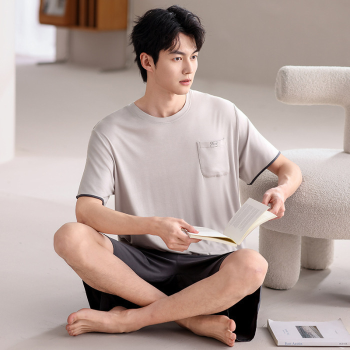 モーダルメンズパジャマ夏薄手半袖ショーツセット屋外で着用可能シンプルカジュアル大きいサイズメンズホーム服|undefined